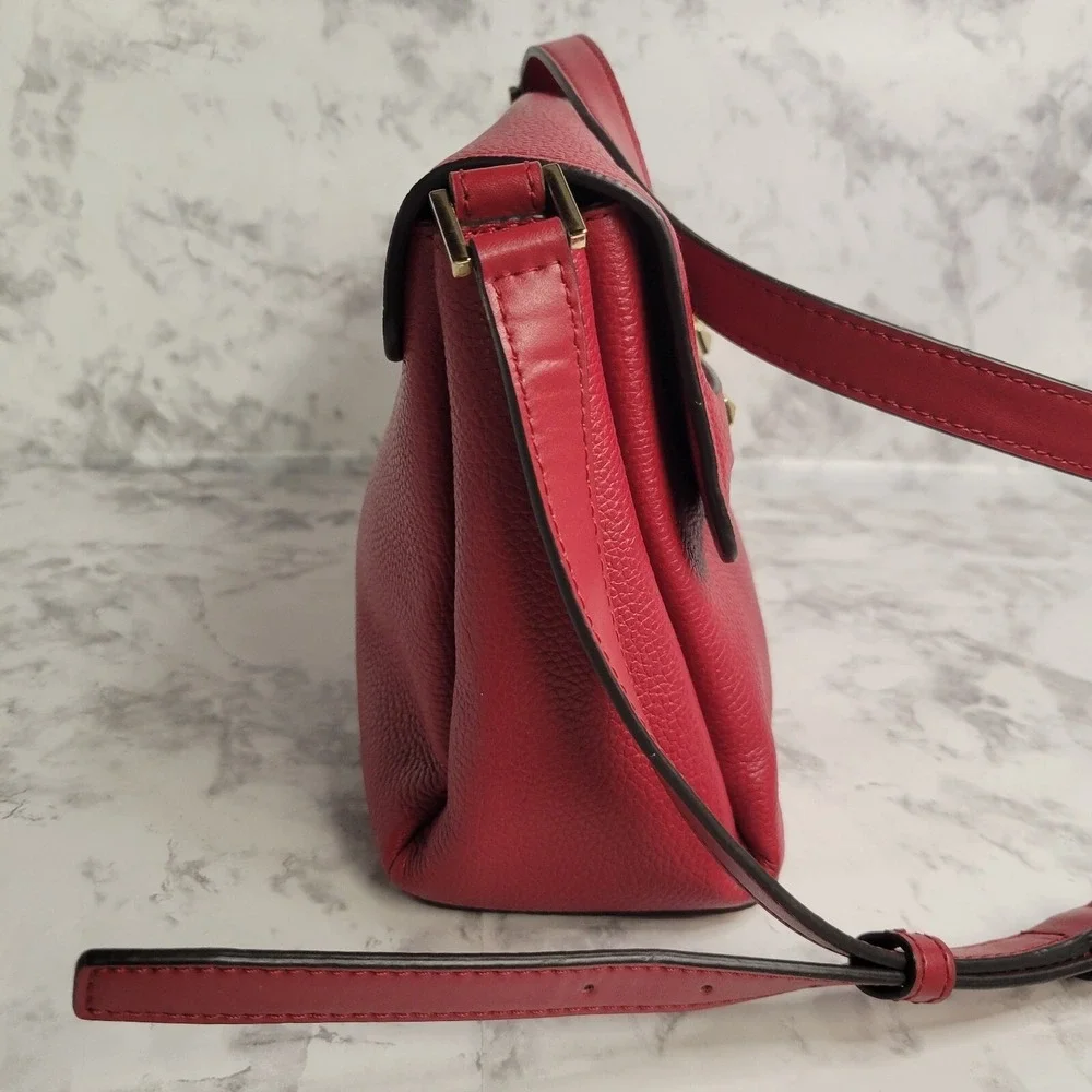 Michael Kors Red‎ Pebbled Leather Studded Flap Crossbody Bag Gold Hardware